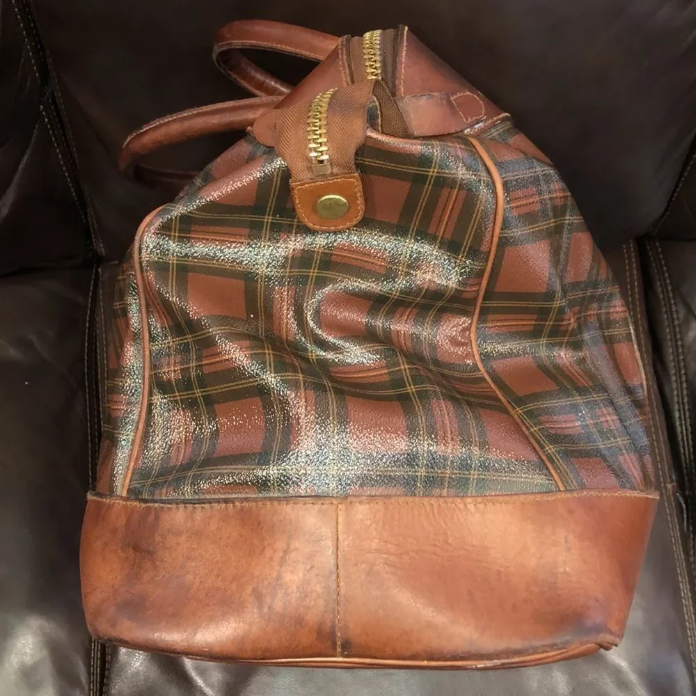 RALPH LAUREN Brown Green Top Handle Tartan Plaid Boston Duffle Travel Bag 55cm